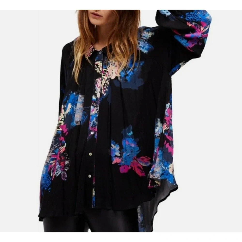 Free People Womens Floral Meadow Lark Blouse Long Sleeve‎ Top Oversized Size XS